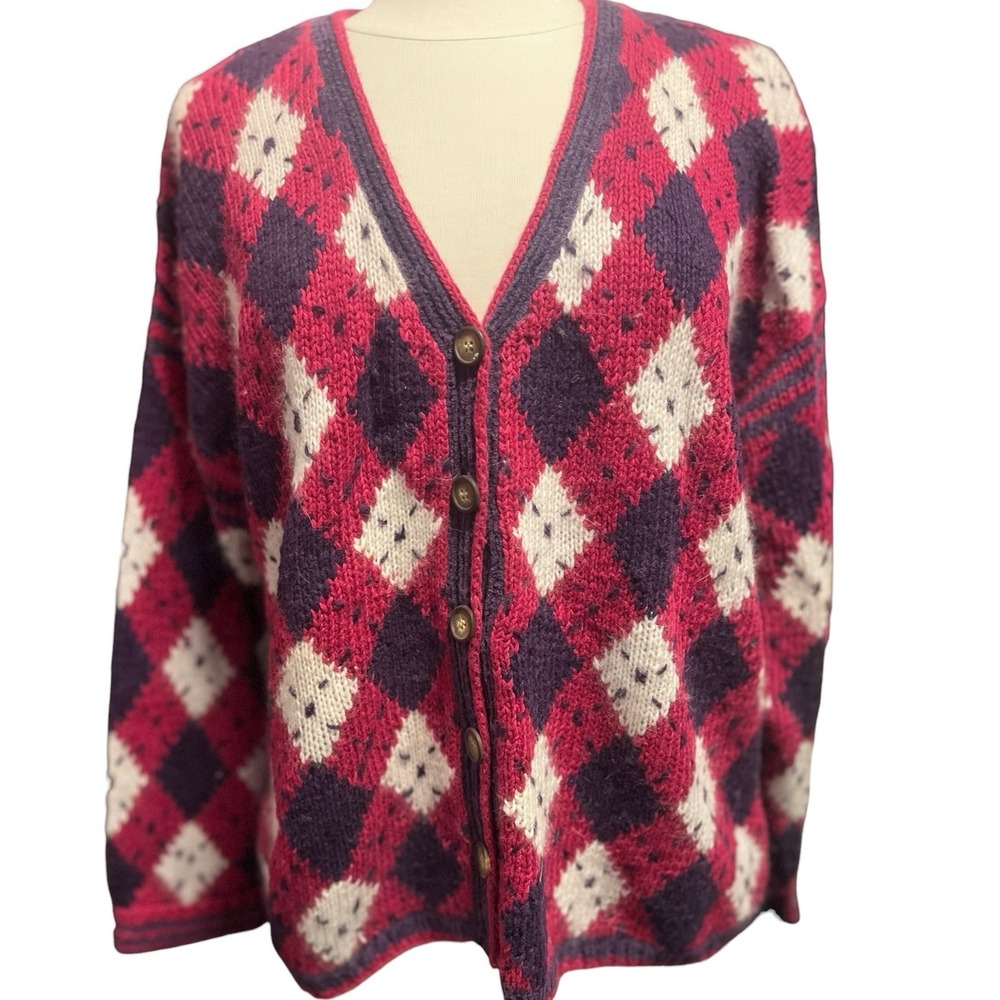 Vtg 90s Cardigan Bay Intarsia Argyle Red Cardigan Sweater XL Heritage Grunge